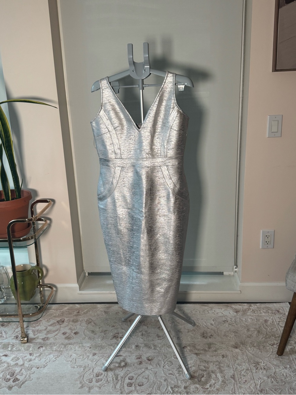 Fashion Nova Metallic Silver V-Neck Sheath Midi Dress